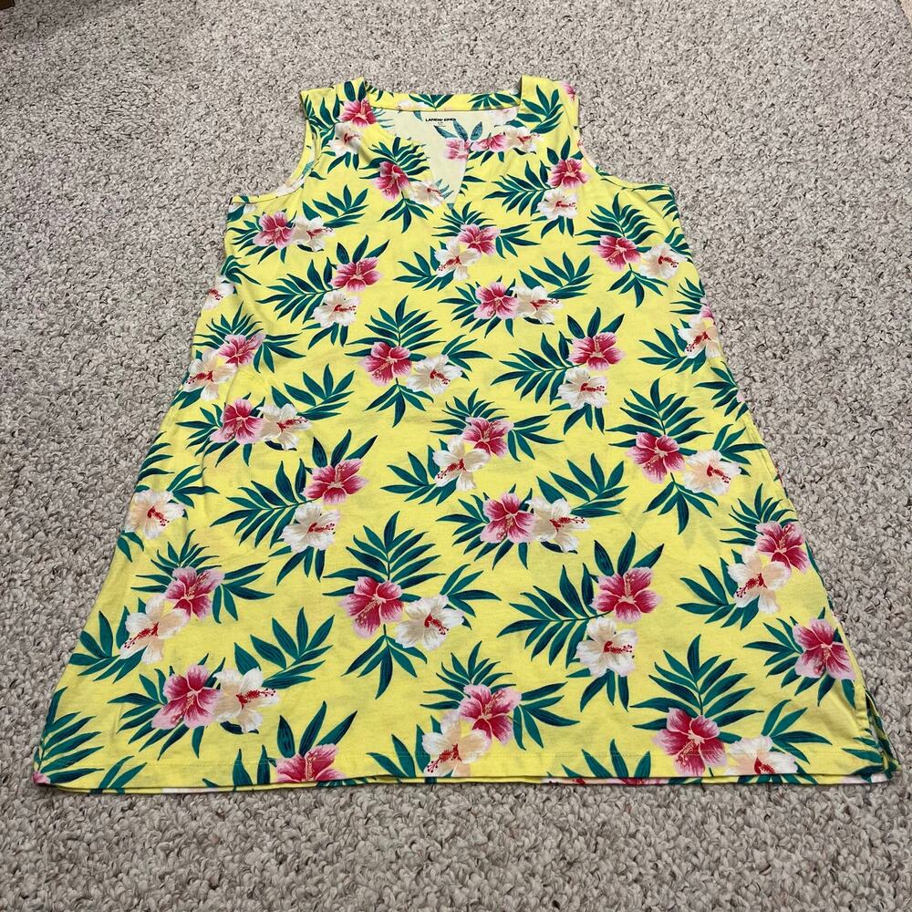 Lands End Floral Shift Dress Sleeveless L Casual Pockets Summer Vacation Cotton
